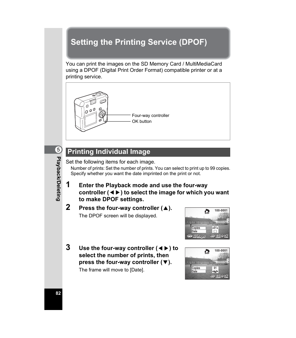 Setting the printing service (dpof), Printing individual image, 1p.82) | Press the four-way controller ( 2 ) | Pentax 33WR User Manual | Page 84 / 116