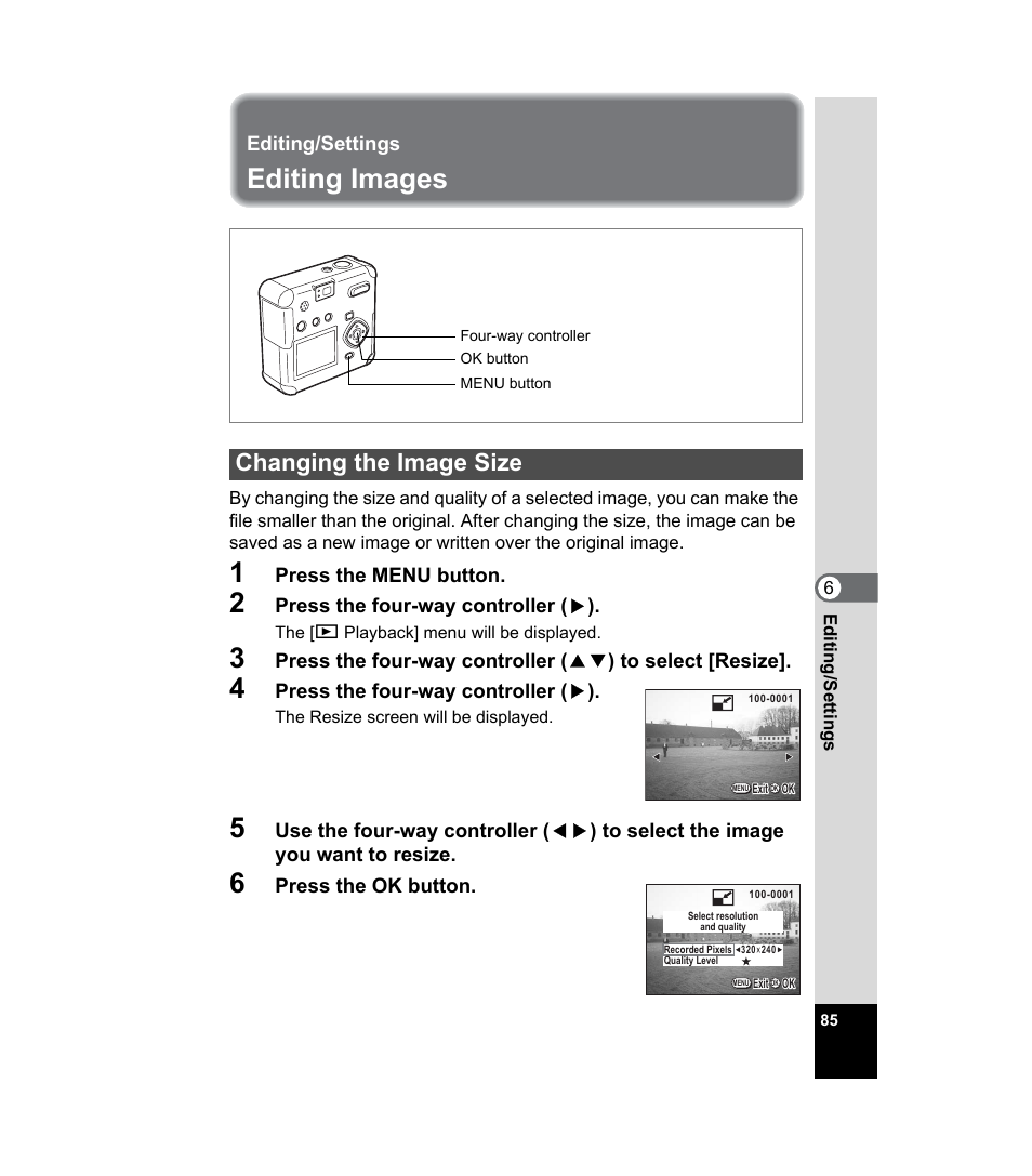 Editing/settings, Editing images, Changing the image size | P.85 | Pentax 33WR User Manual | Page 87 / 116