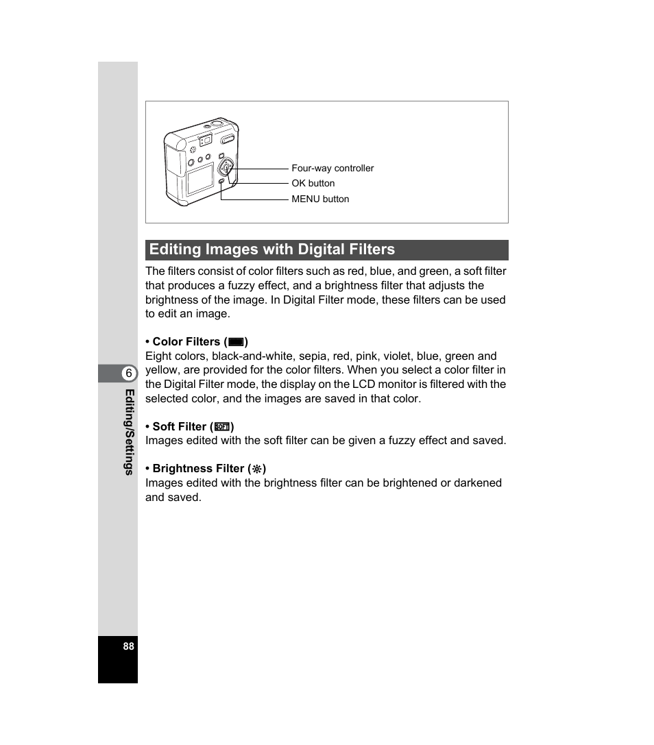 Editing images with digital filters, P.88 | Pentax 33WR User Manual | Page 90 / 116