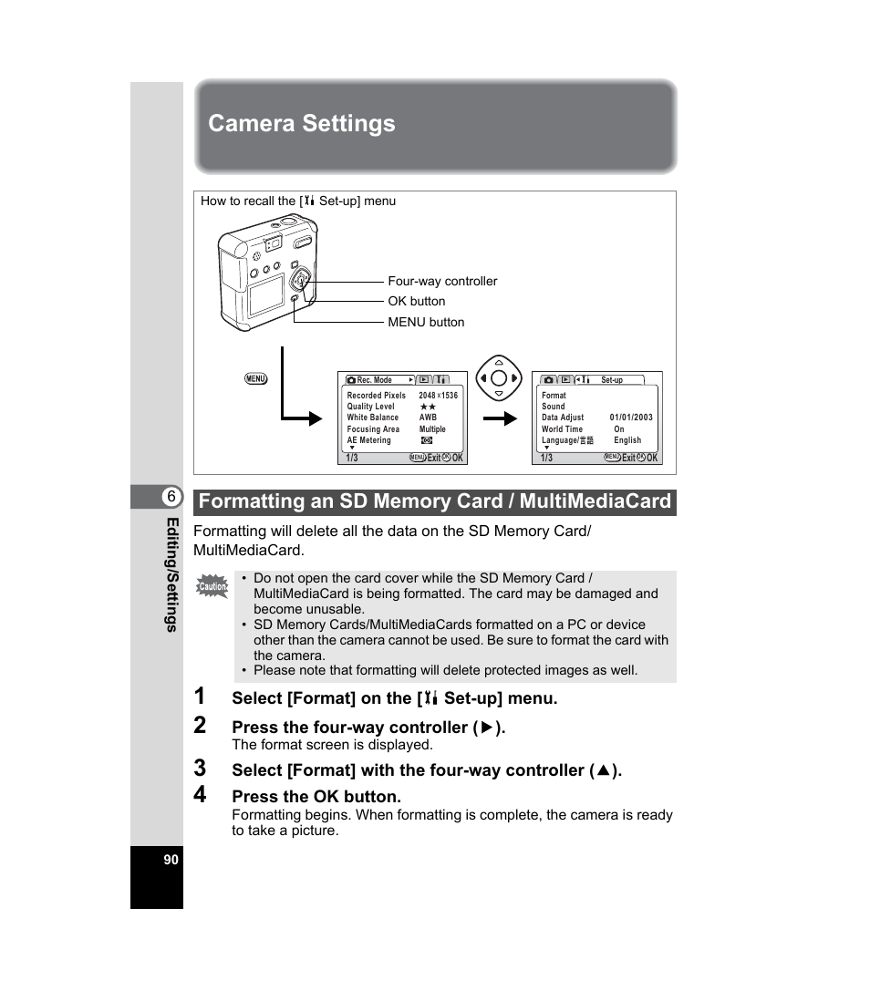 Camera settings, Formatting an sd memory card / multimediacard, P.90 | Select [format] on the [ b set-up] menu, Press the four-way controller ( 5 ), Select [format] with the four-way controller ( 2 ), Press the ok button | Pentax 33WR User Manual | Page 92 / 116
