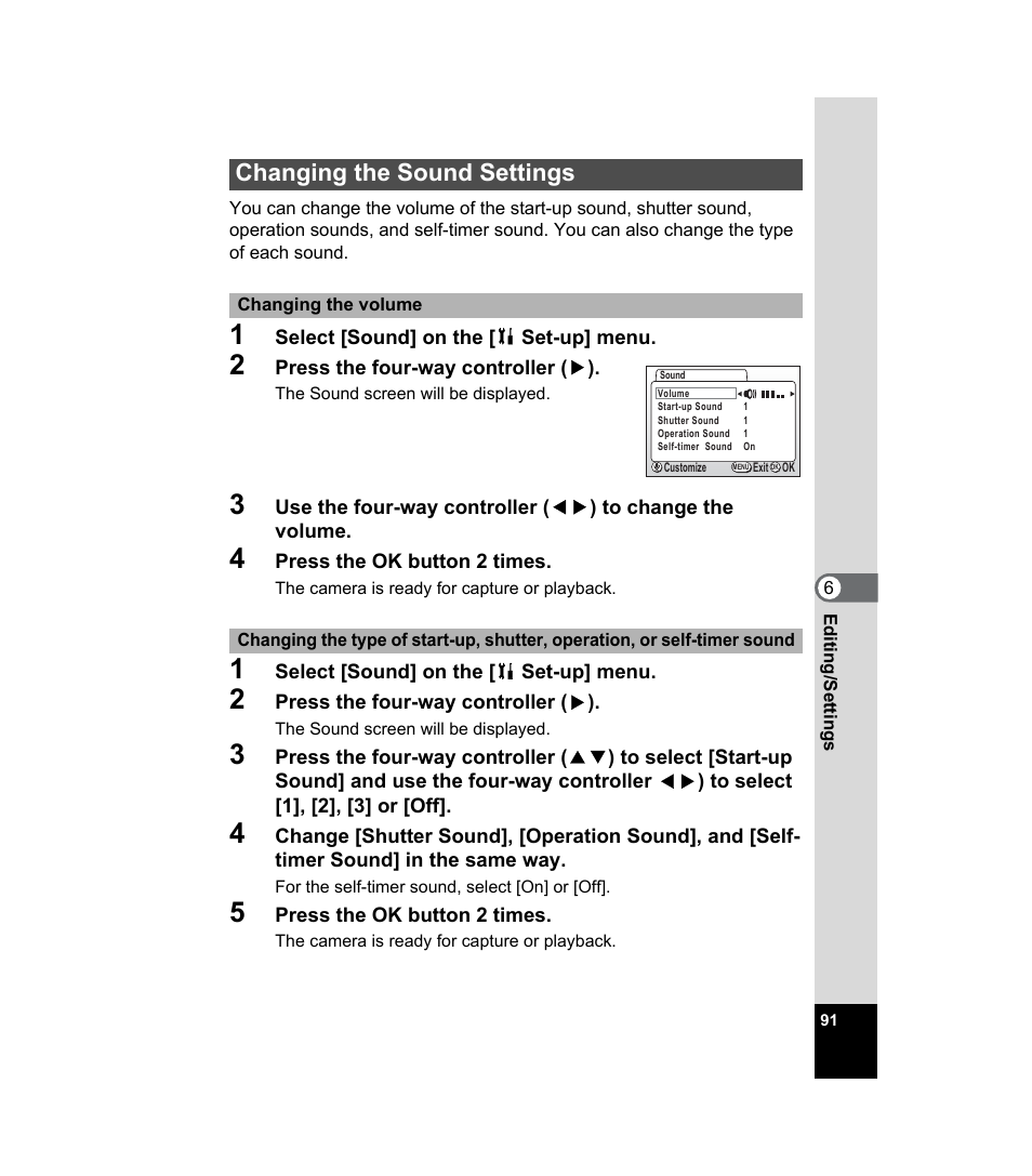 Changing the sound settings, P.91 | Pentax 33WR User Manual | Page 93 / 116