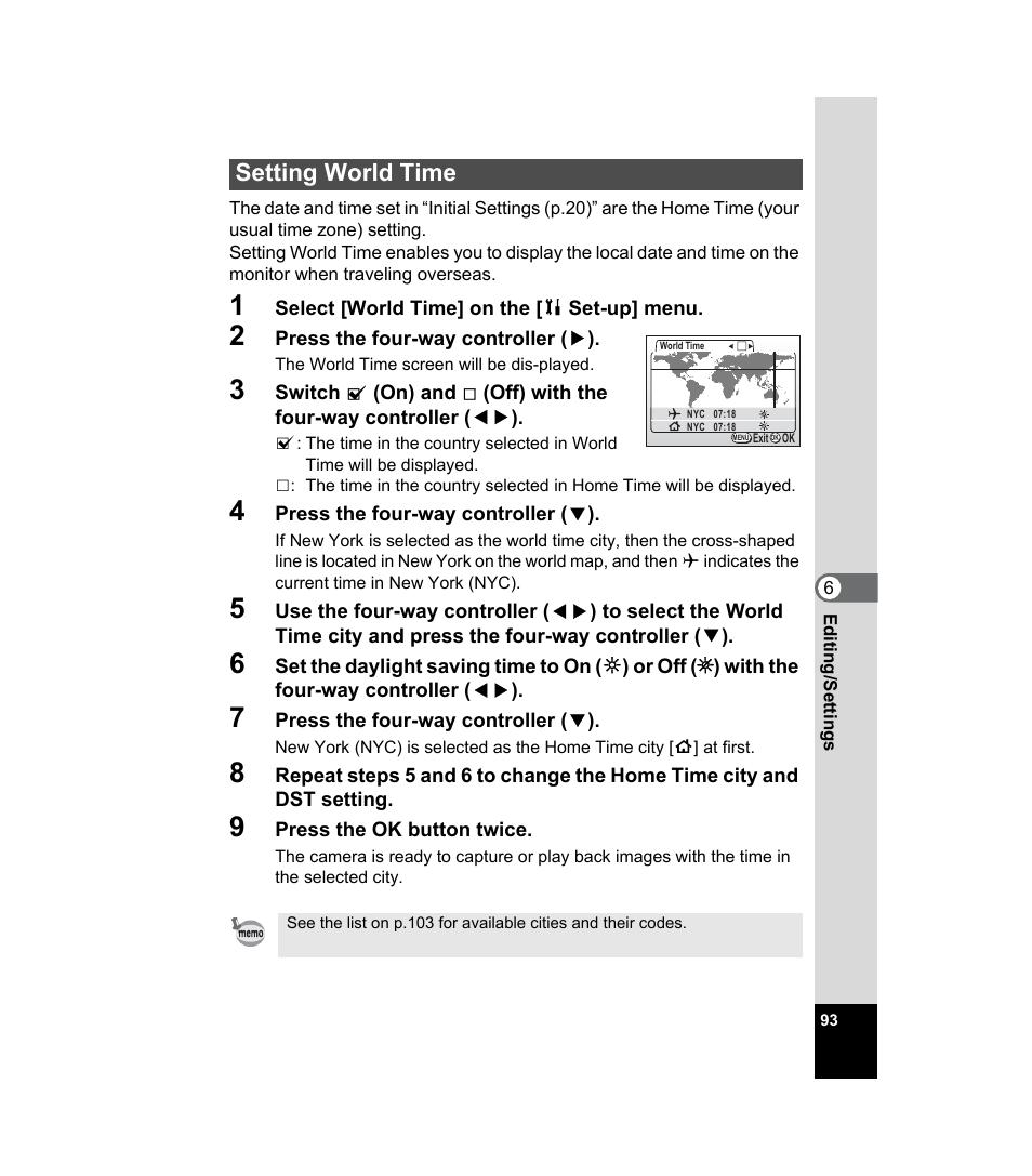 Setting world time, World time” (p.93), P.93 | Pentax 33WR User Manual | Page 95 / 116