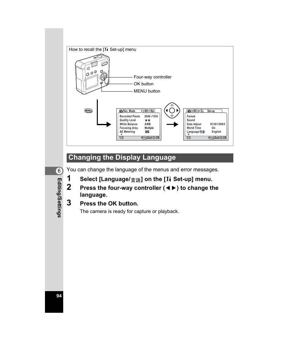 Changing the display language, P.94, Select [language/ ] on the [ b set-up] menu | Press the ok button | Pentax 33WR User Manual | Page 96 / 116