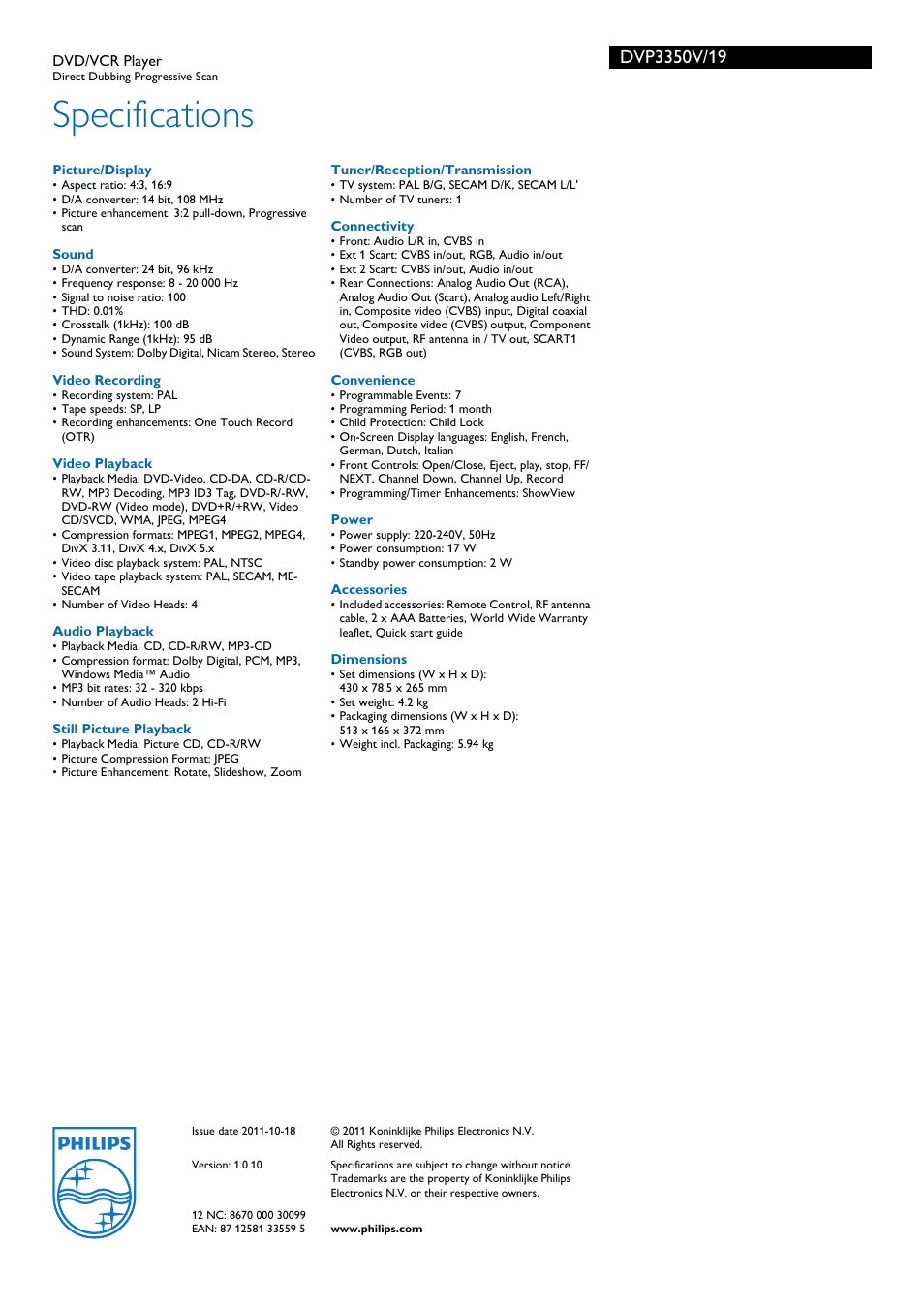 Specifications | Pentax DVP3350V User Manual | Page 3 / 3