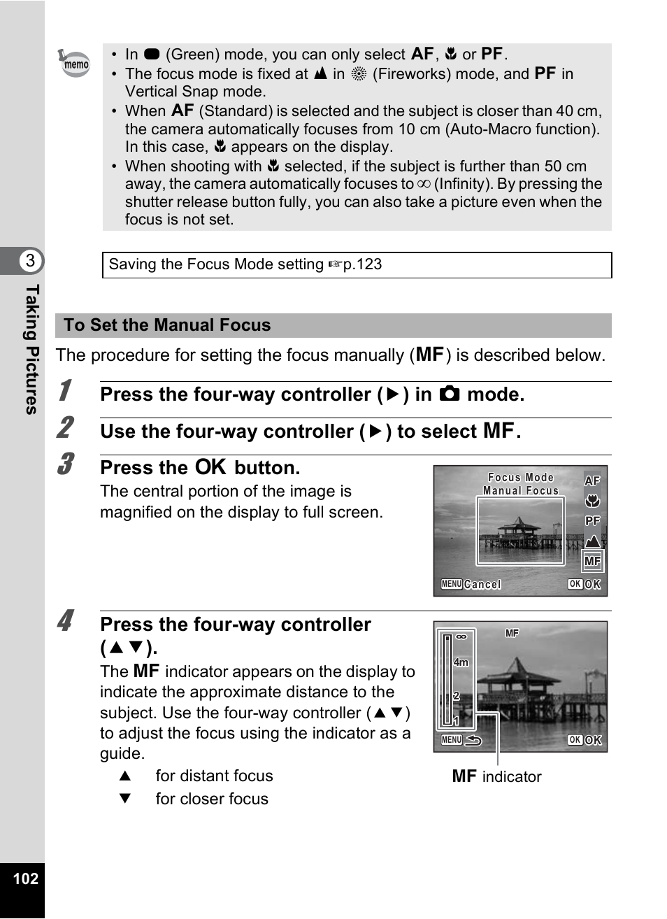 P.102, Press the four-way controller ( 5 ) in a mode, Use the four-way controller ( 5 ) to select | Press the 4 button, Press the four-way controller ( 23 ) | Pentax Optio P70 User Manual | Page 104 / 256