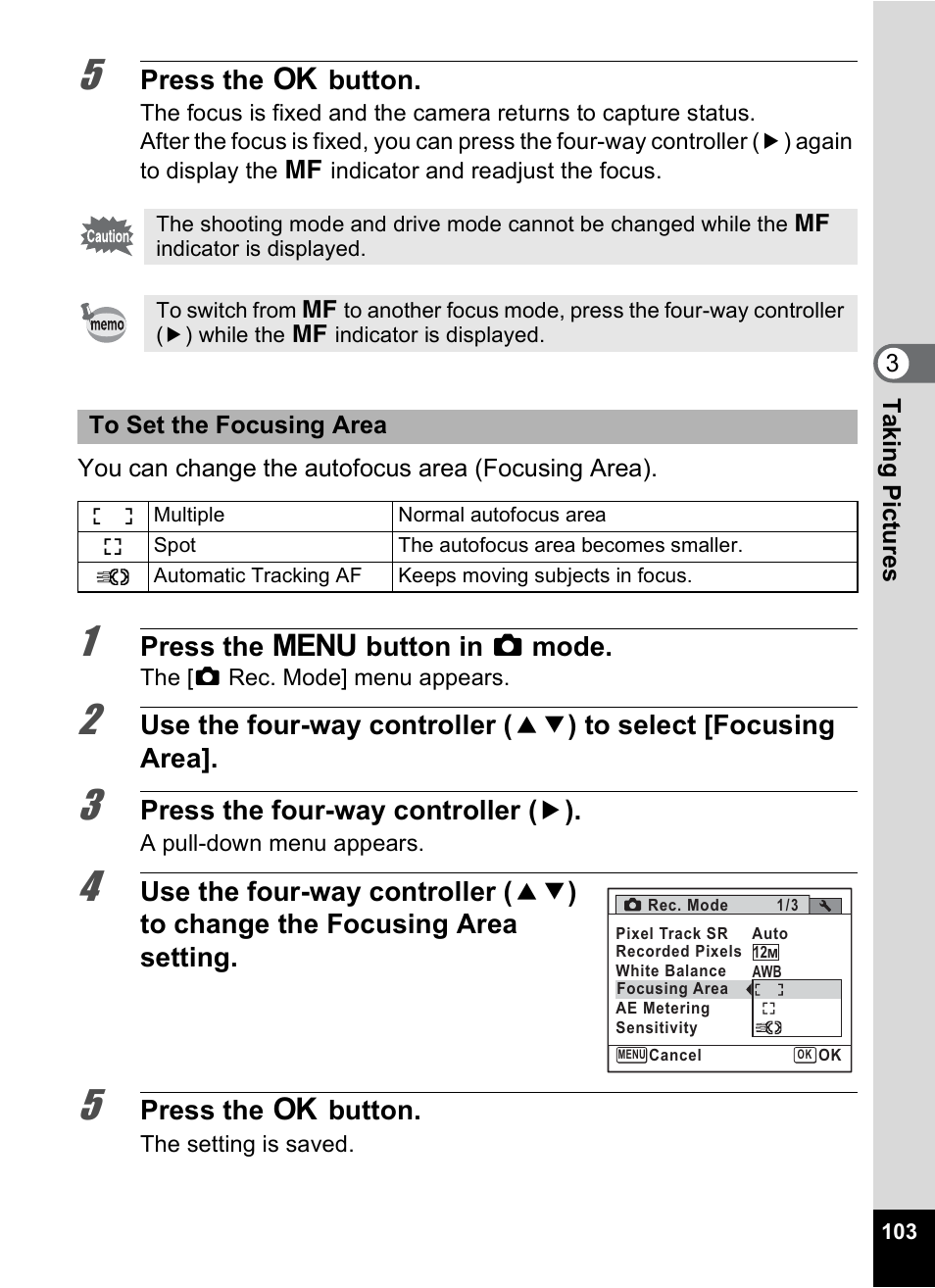 P.103, Press the 4 button, Press the 3 button in a mode | Press the four-way controller ( 5 ) | Pentax Optio P70 User Manual | Page 105 / 256