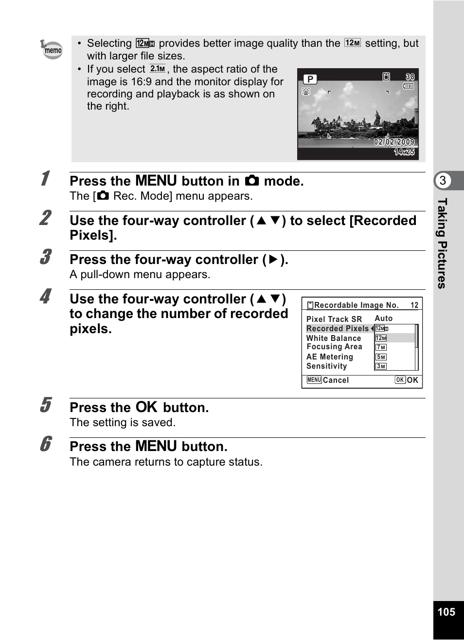 Press the 3 button in a mode, Press the four-way controller ( 5 ), Press the 4 button | Press the 3 button, 3ta king pict ures | Pentax Optio P70 User Manual | Page 107 / 256