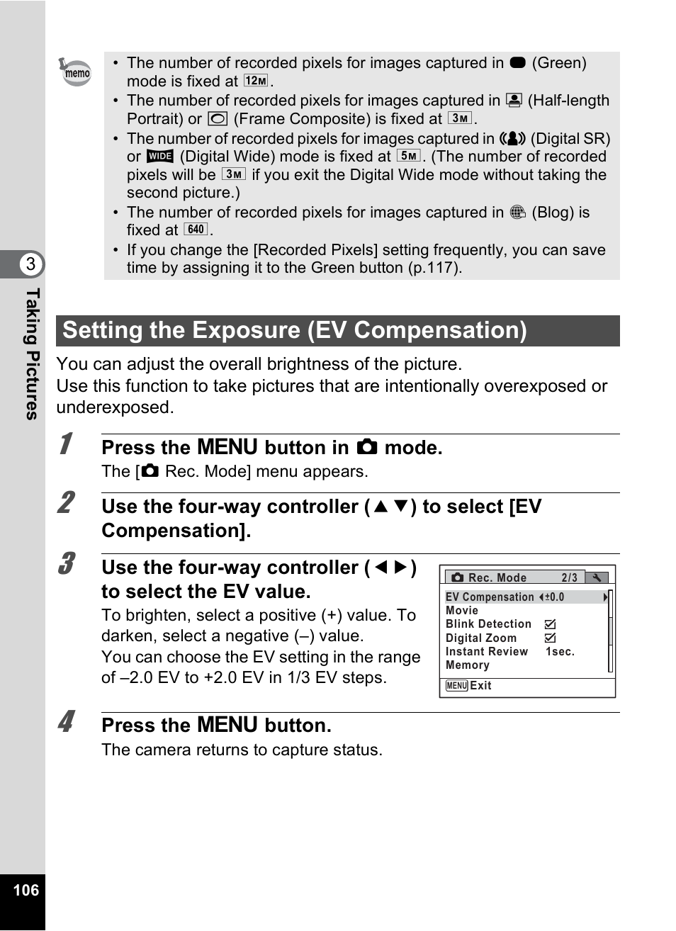 Setting the exposure (ev compensation), P.106, P.106) | Pentax Optio P70 User Manual | Page 108 / 256