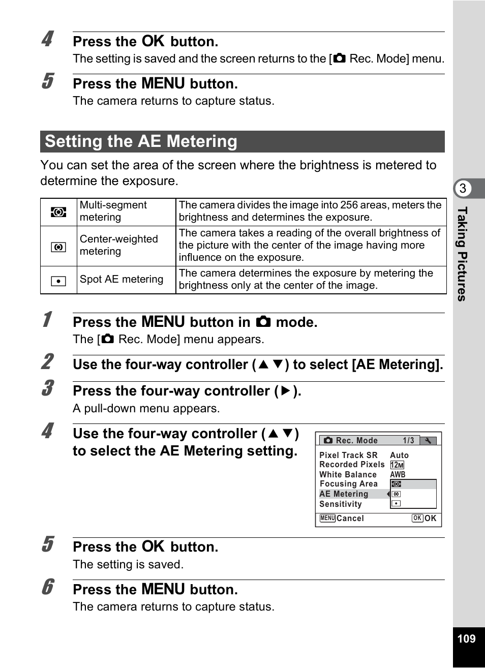 Setting the ae metering, P.109), P.109 | Pentax Optio P70 User Manual | Page 111 / 256