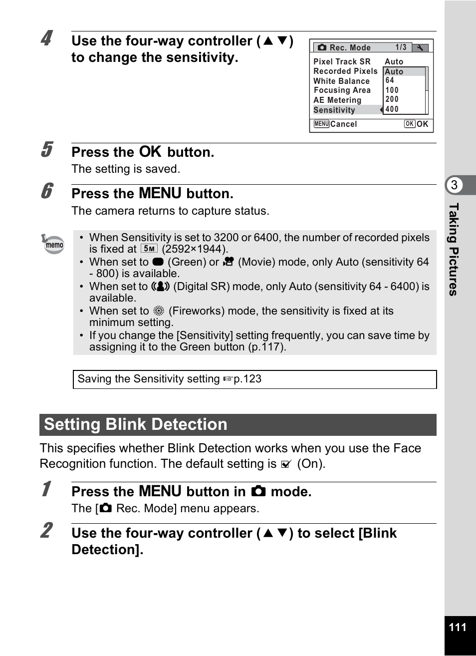 Setting blink detection, P.111, Press the 4 button | Press the 3 button, Press the 3 button in a mode | Pentax Optio P70 User Manual | Page 113 / 256