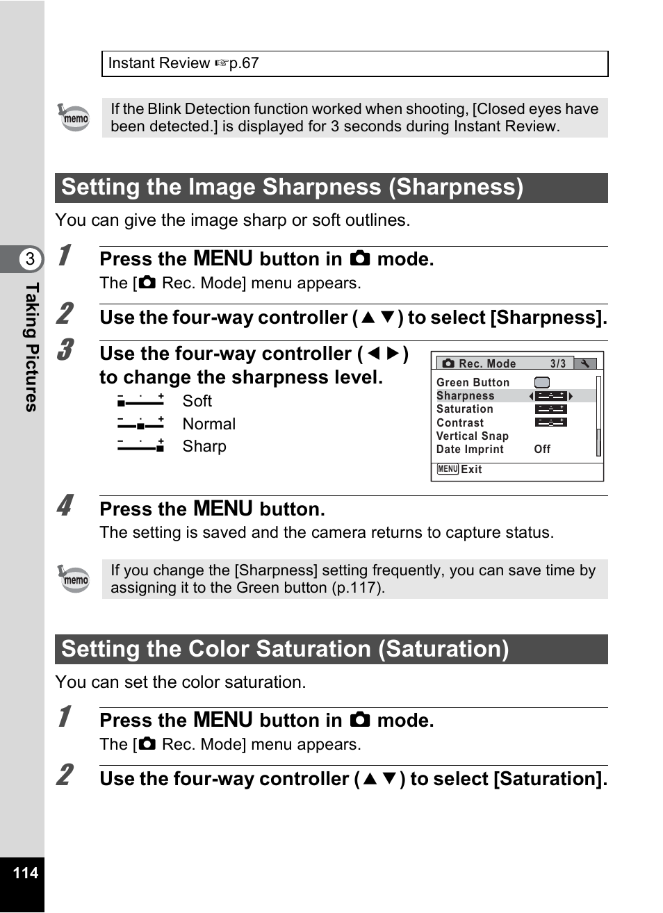 Setting the image sharpness (sharpness), Setting the color saturation (saturation), P.114 | Pentax Optio P70 User Manual | Page 116 / 256