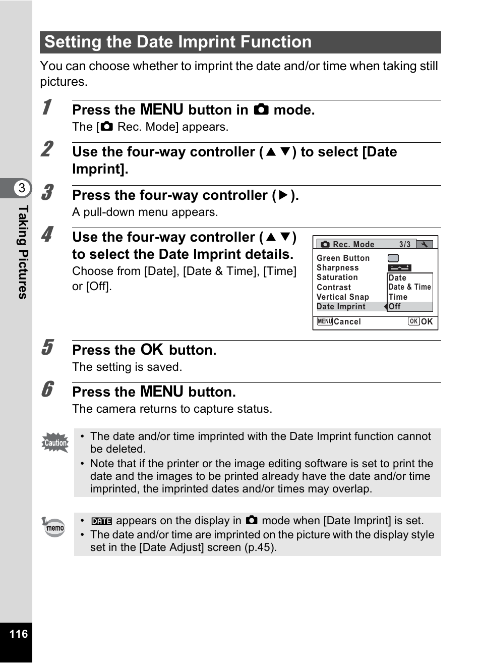 Setting the date imprint function, P.116), Ng (p.116 | P.116 | Pentax Optio P70 User Manual | Page 118 / 256