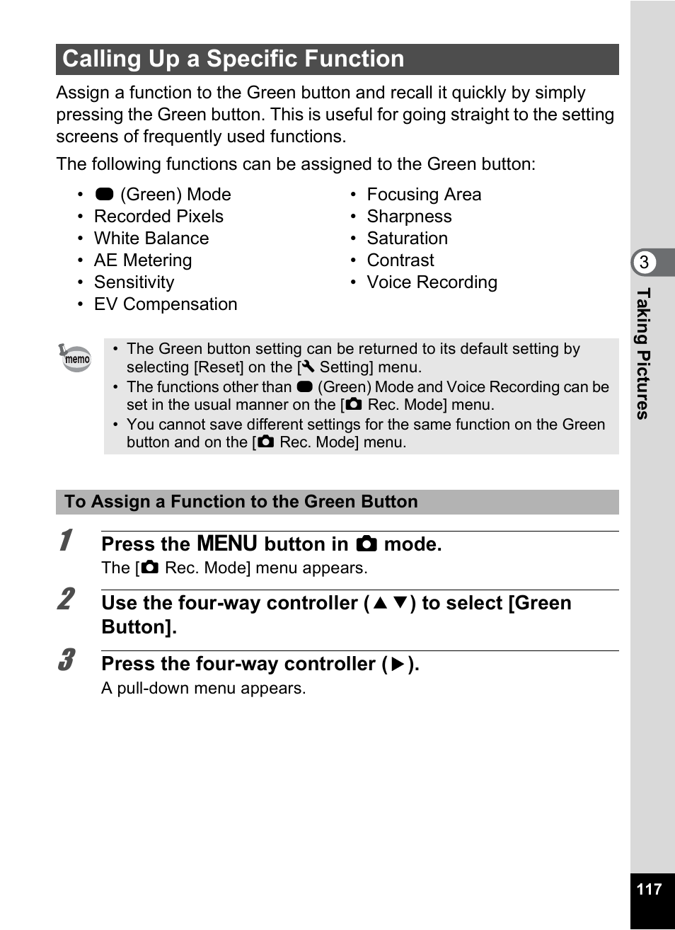 Calling up a specific function, P.117), P.117 | On (p.117 | Pentax Optio P70 User Manual | Page 119 / 256