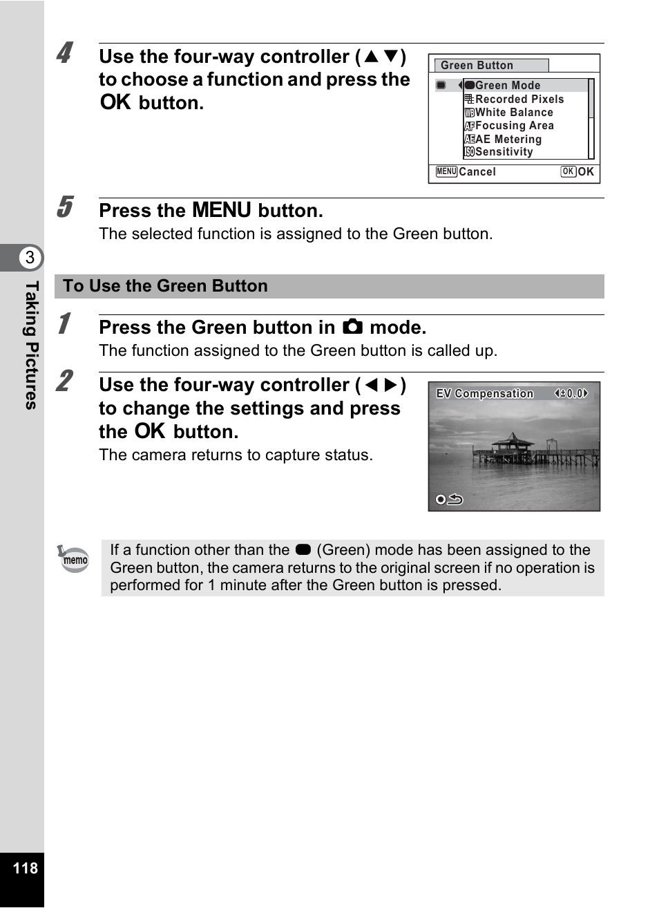 Press the 3 button, Press the green button in a mode | Pentax Optio P70 User Manual | Page 120 / 256