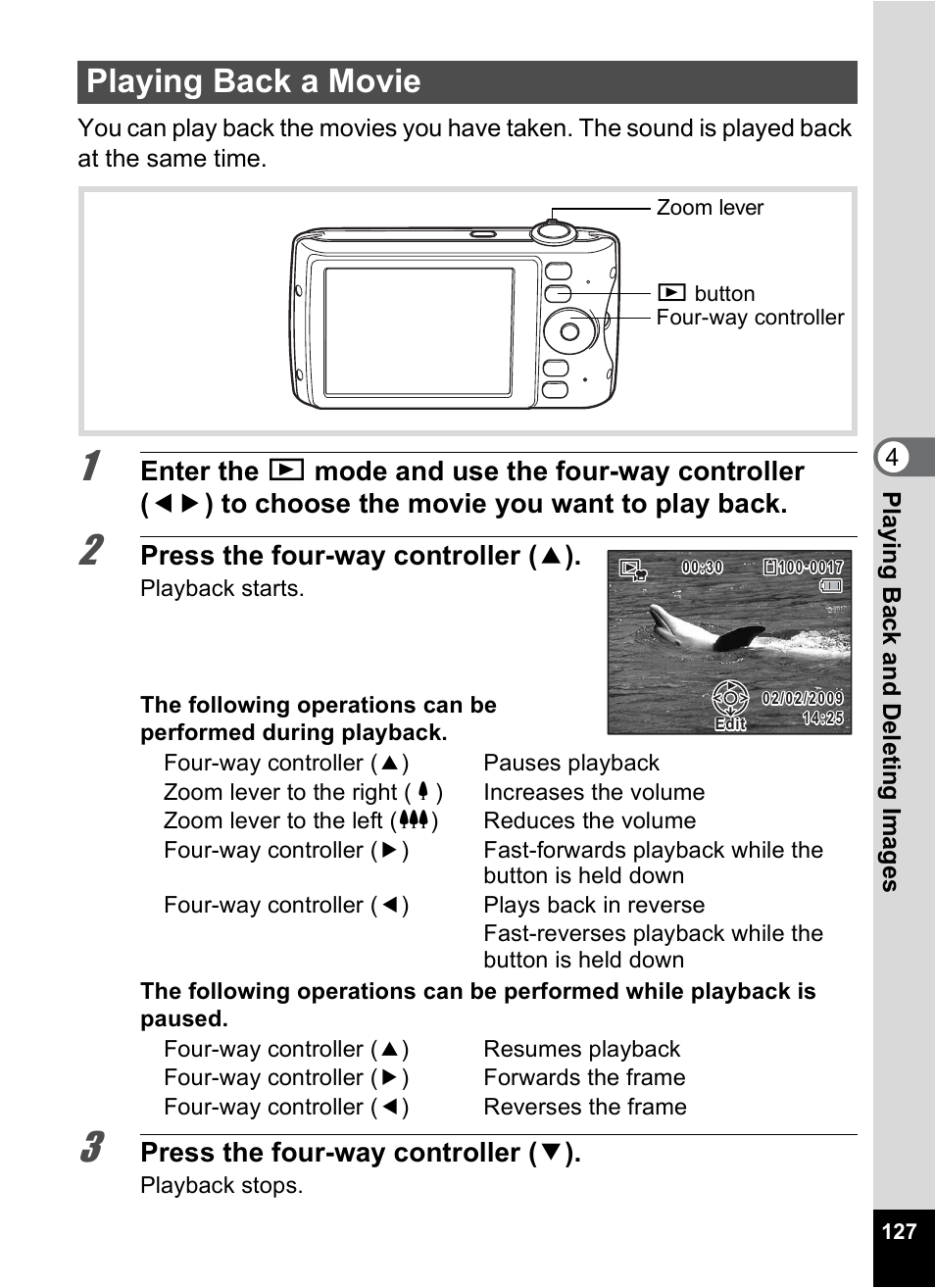 Playing back a movie, P.127, P.127) | Press the four-way controller ( 2 ), Press the four-way controller ( 3 ) | Pentax Optio P70 User Manual | Page 129 / 256
