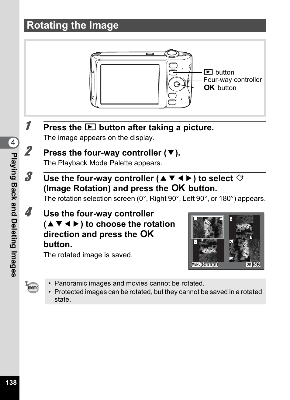 Rotating the image, P.138 | Pentax Optio P70 User Manual | Page 140 / 256