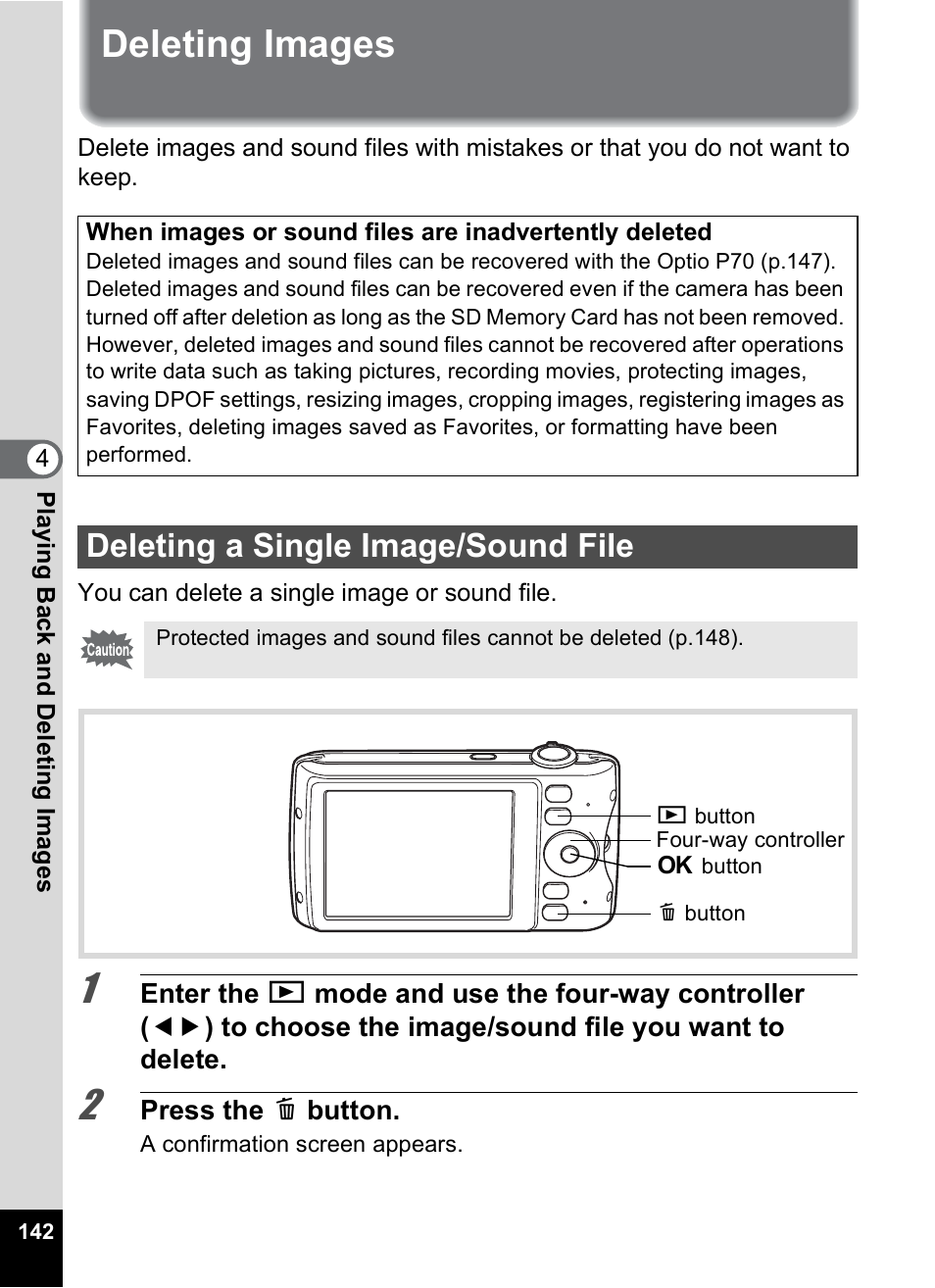 Deleting images, Deleting a single image/sound file, En (p.142) | Pentax Optio P70 User Manual | Page 144 / 256