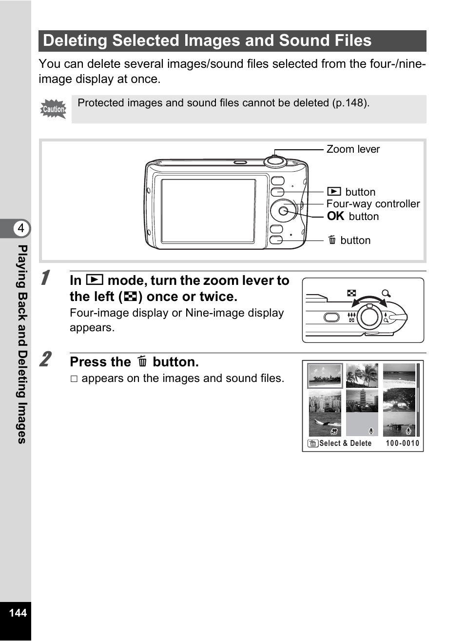 Deleting selected images and sound files, P.144 | Pentax Optio P70 User Manual | Page 146 / 256