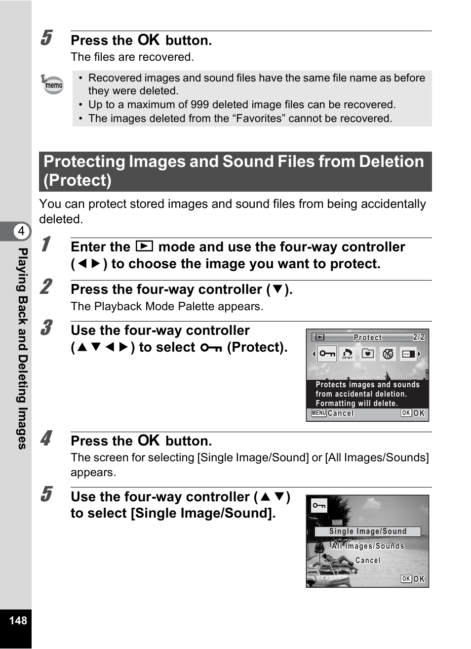P.148, Press the 4 button, Press the four-way controller ( 3 ) | Pentax Optio P70 User Manual | Page 150 / 256
