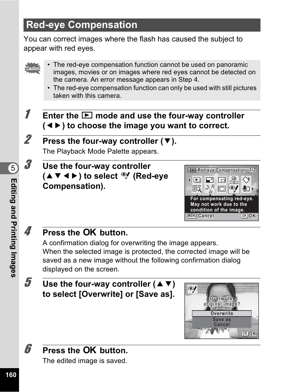 Red-eye compensation, P.160) ca, P.160 | Press the four-way controller ( 3 ), Press the 4 button | Pentax Optio P70 User Manual | Page 162 / 256