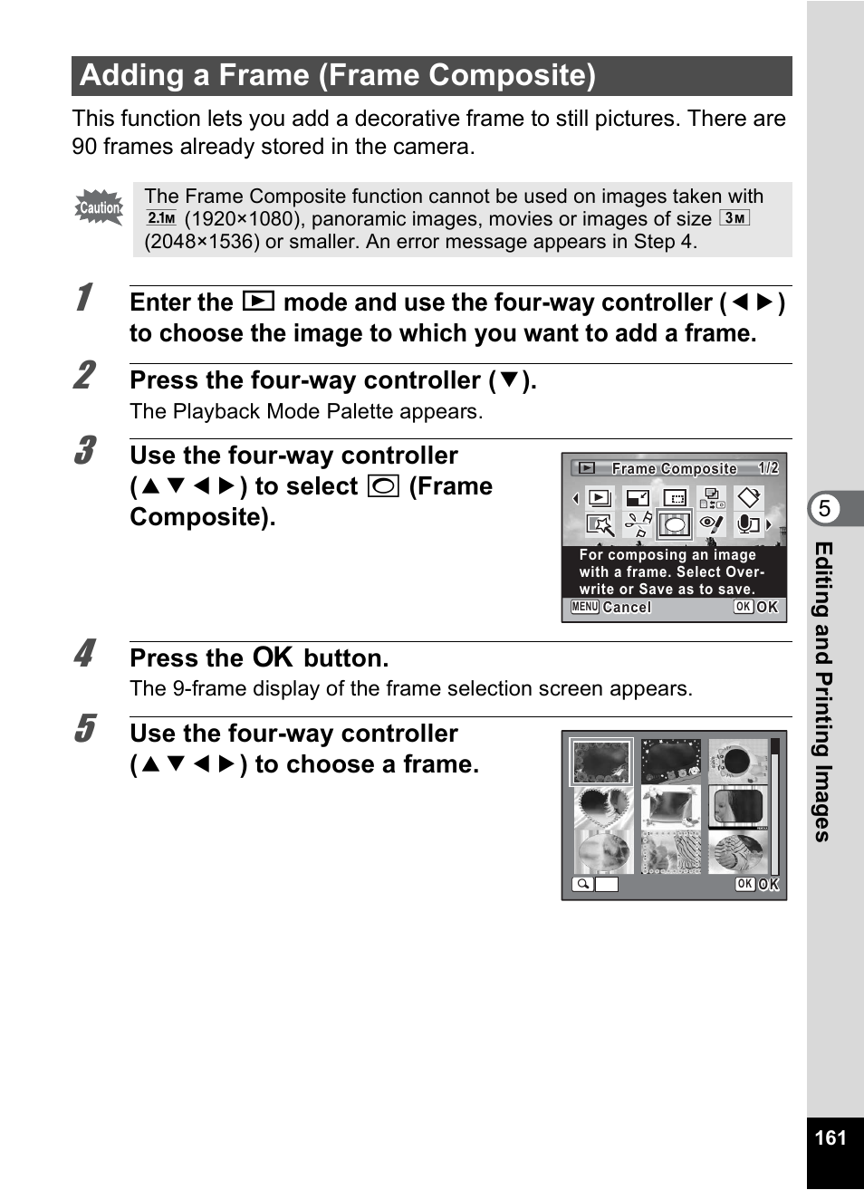 Adding a frame (frame composite), P.161), P.161 | Press the four-way controller ( 3 ), Press the 4 button | Pentax Optio P70 User Manual | Page 163 / 256