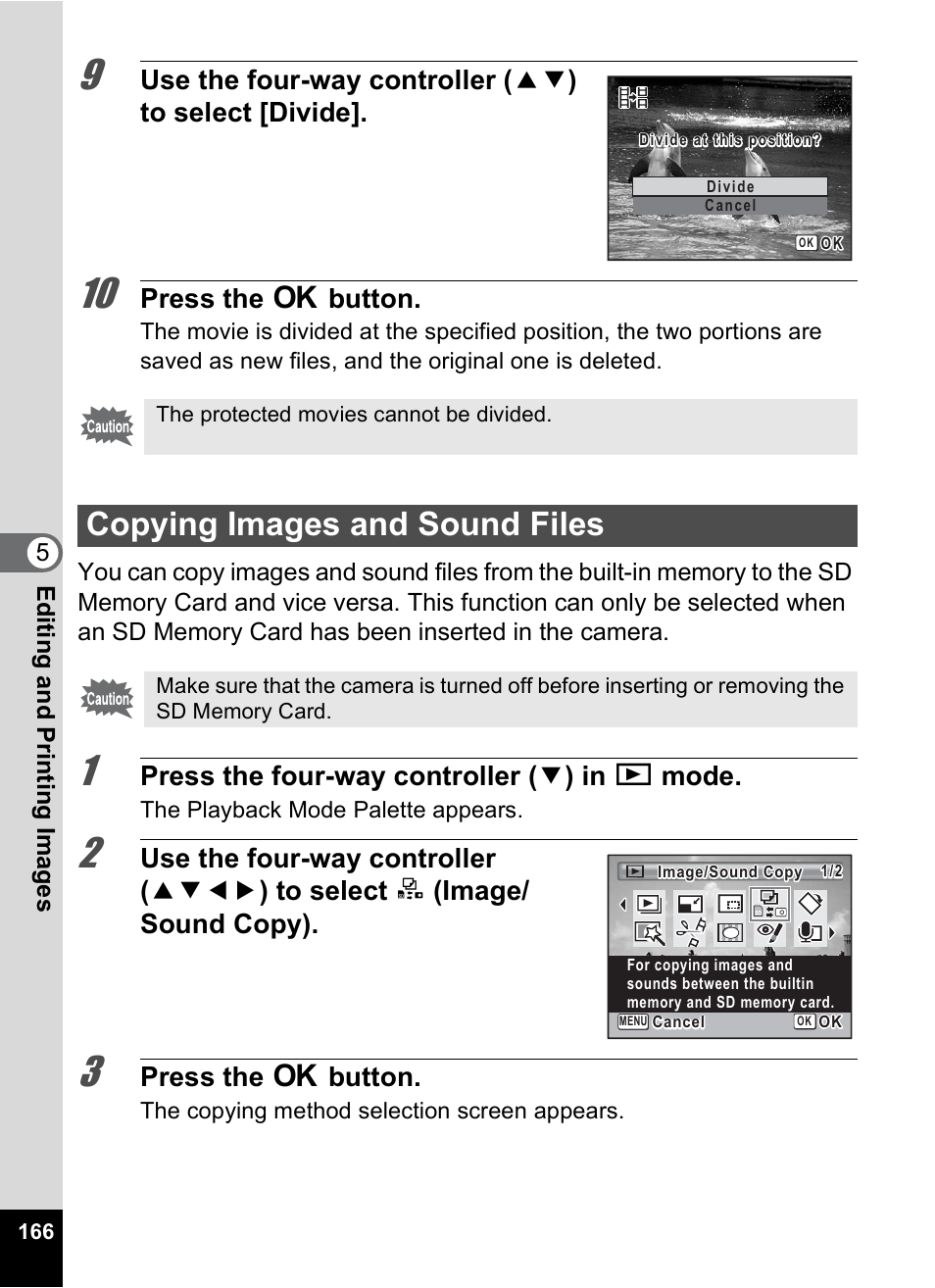 Copying images and sound files, P.166, Press the 4 button | Press the four-way controller ( 3 ) in q mode | Pentax Optio P70 User Manual | Page 168 / 256