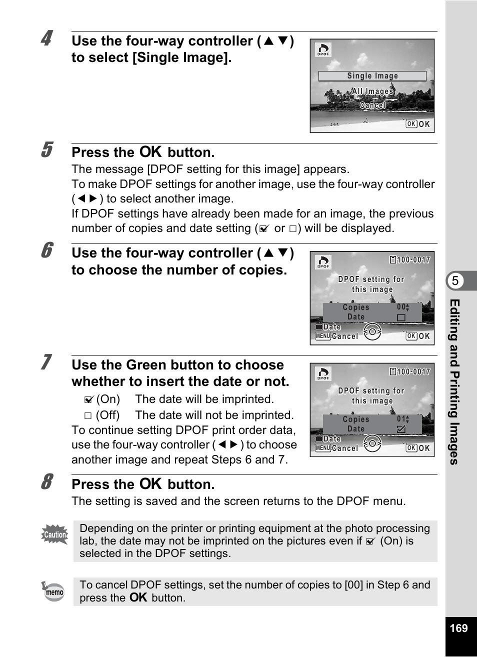 Press the 4 button, 5edi ting and pr in ting ima g es | Pentax Optio P70 User Manual | Page 171 / 256