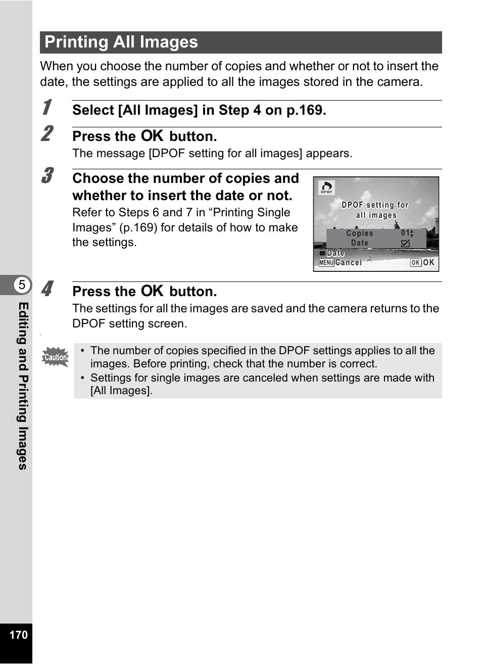 Printing all images, Select [all images] in step 4 on p.169, Press the 4 button | Pentax Optio P70 User Manual | Page 172 / 256