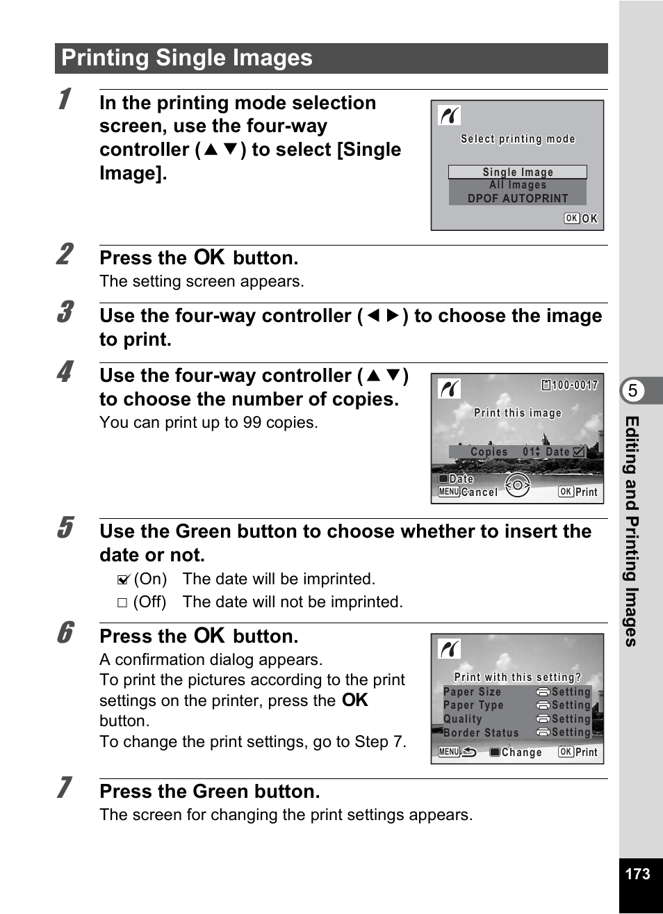 Printing single images, Press the 4 button, Press the green button | 5edi ting and pr in ting ima g es | Pentax Optio P70 User Manual | Page 175 / 256