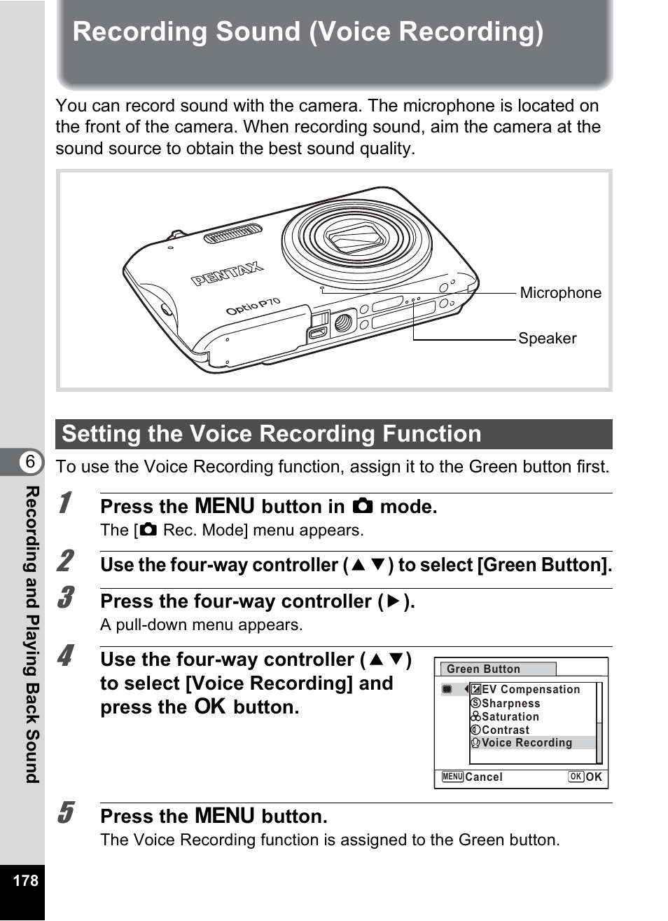 Recording sound (voice recording), Setting the voice recording function | Pentax Optio P70 User Manual | Page 180 / 256
