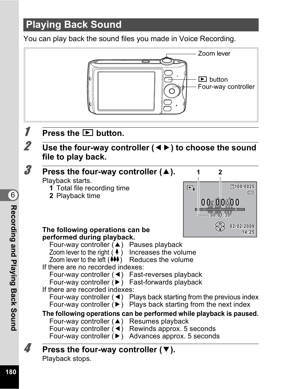 Playing back sound, P.180, D (p.180 | P.180) | Pentax Optio P70 User Manual | Page 182 / 256