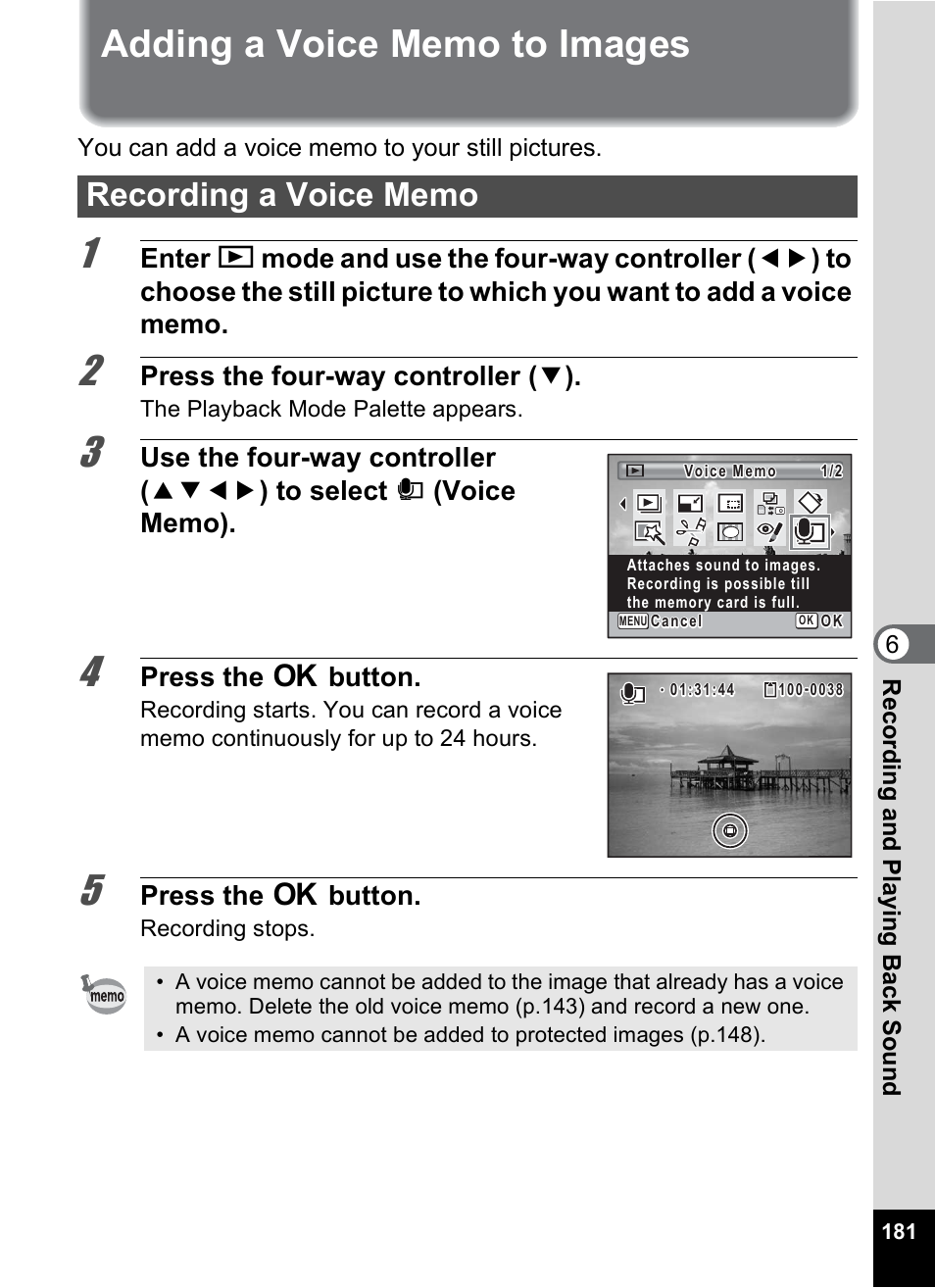 Adding a voice memo to images, Recording a voice memo, P.181 | Press the four-way controller ( 3 ), Press the 4 button | Pentax Optio P70 User Manual | Page 183 / 256