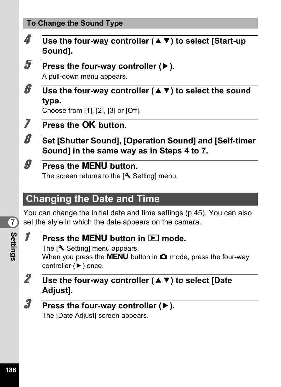 Changing the date and time, In “changing the date and, Time” (1p.186) | Eps in “changing the date and, P.186 | Pentax Optio P70 User Manual | Page 188 / 256