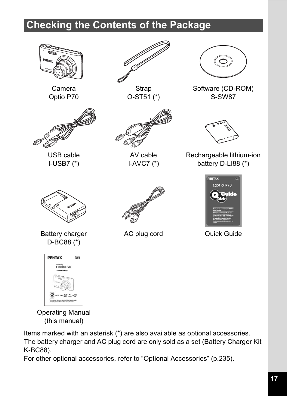 Checking the contents of the package | Pentax Optio P70 User Manual | Page 19 / 256