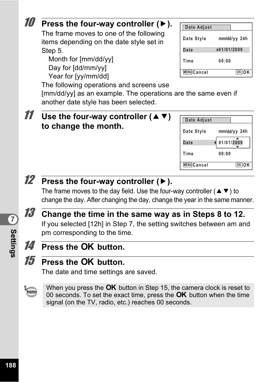 Press the four-way controller ( 5 ), Press the 4 button, 7se ttings | Pentax Optio P70 User Manual | Page 190 / 256