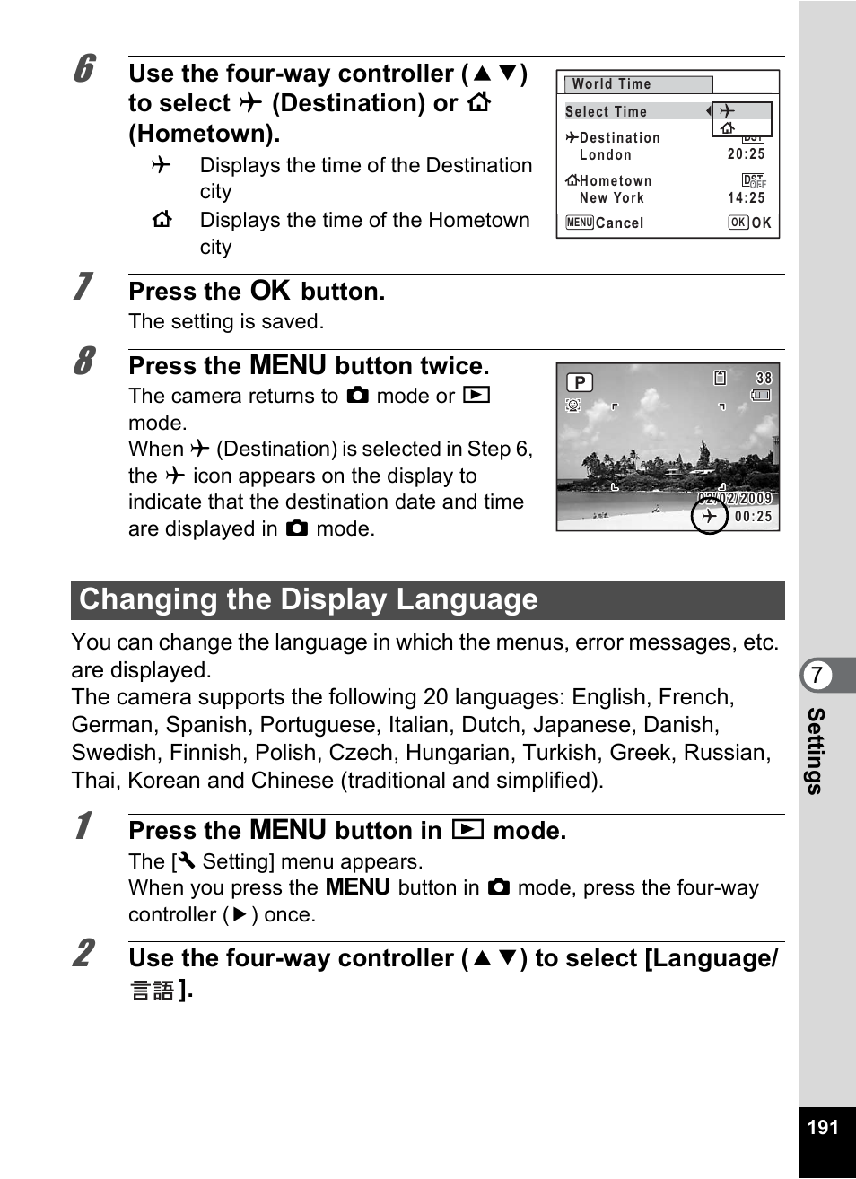 Changing the display language, P.191), P.191 | Press the 4 button, Press the 3 button twice, Press the 3 button in q mode | Pentax Optio P70 User Manual | Page 193 / 256