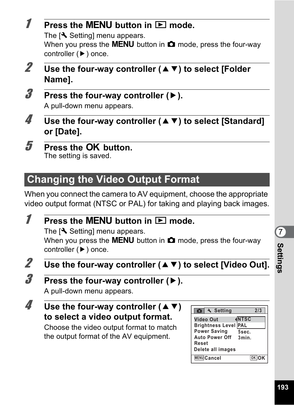 Changing the video output format, P.193 | Pentax Optio P70 User Manual | Page 195 / 256