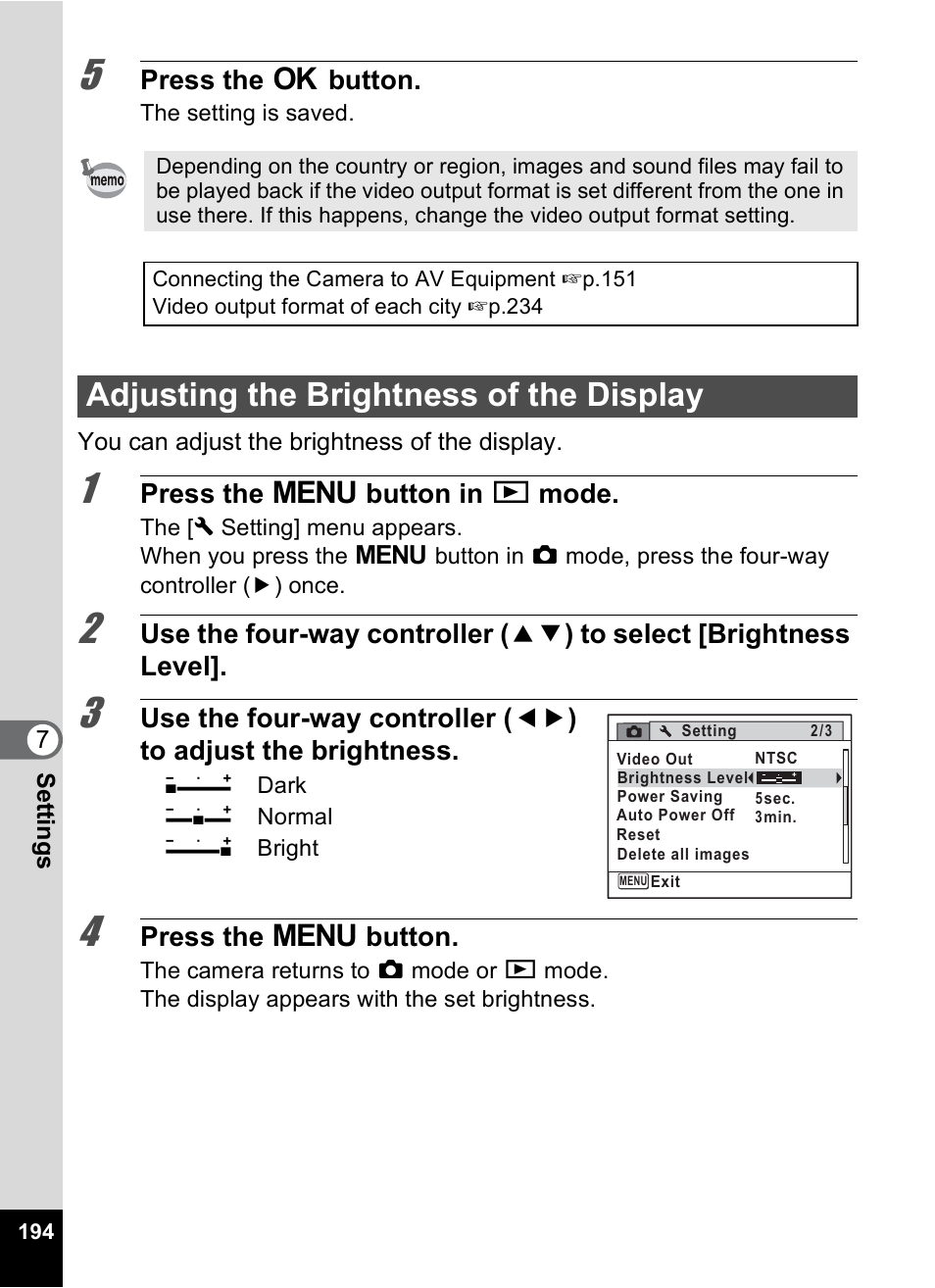 Adjusting the brightness of the display, P.194 | Pentax Optio P70 User Manual | Page 196 / 256