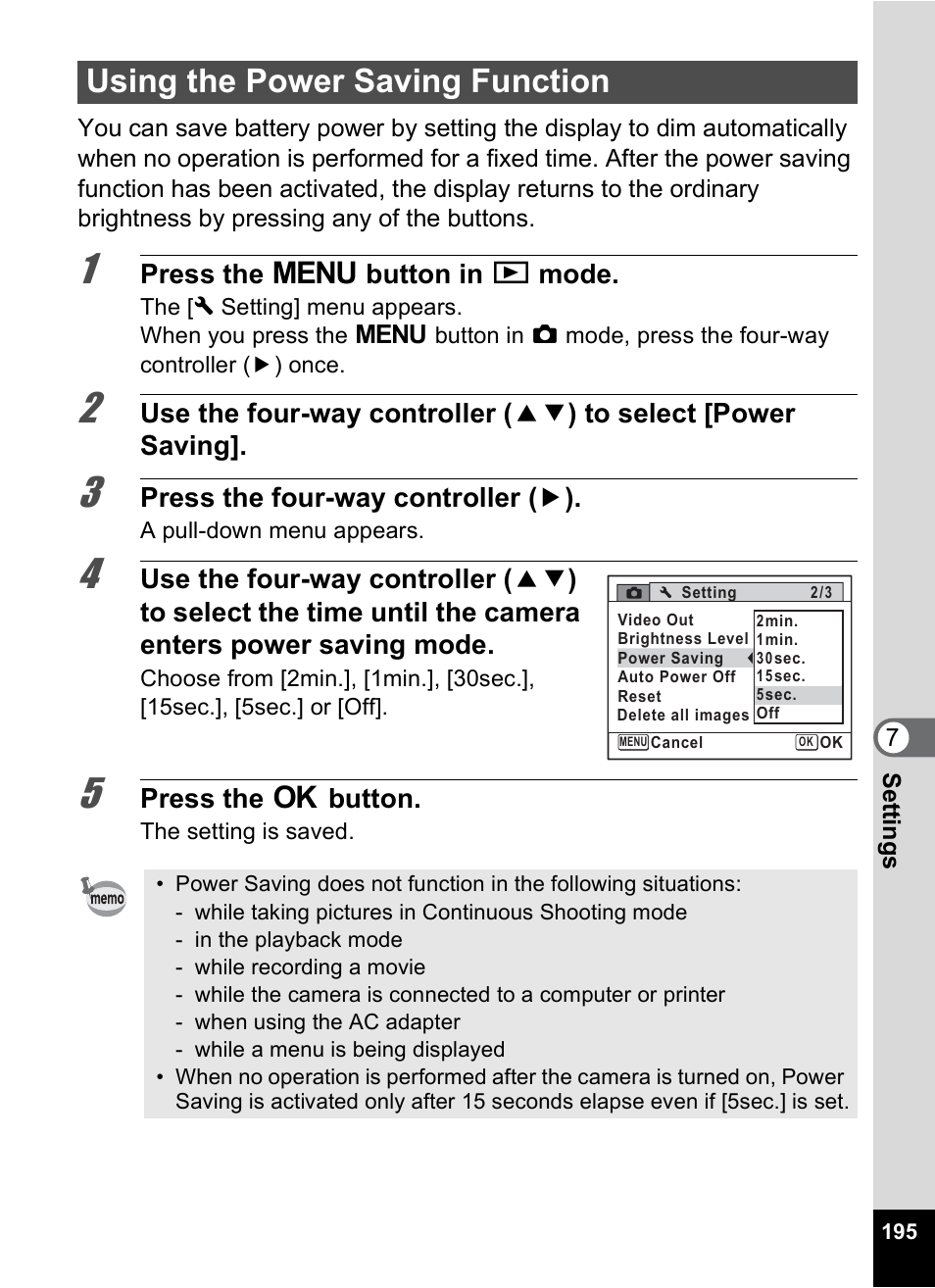 Using the power saving function, P.195, Press the 3 button in q mode | Press the four-way controller ( 5 ), Press the 4 button | Pentax Optio P70 User Manual | Page 197 / 256