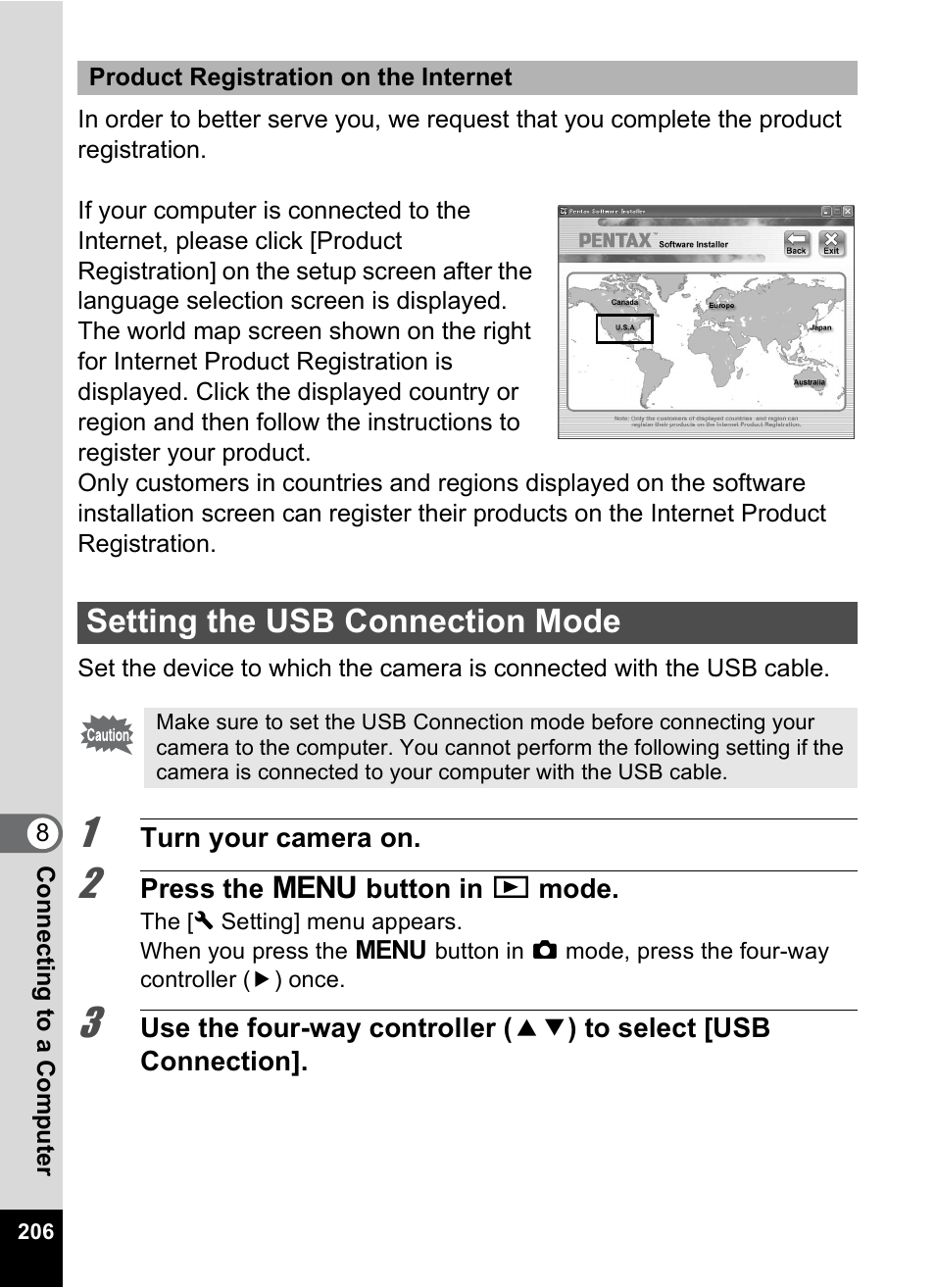 Setting the usb connection mode | Pentax Optio P70 User Manual | Page 208 / 256