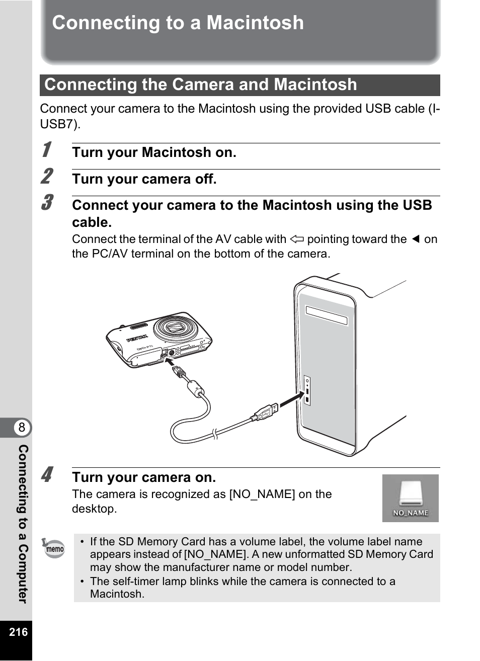 Connecting to a macintosh, Connecting the camera and macintosh | Pentax Optio P70 User Manual | Page 218 / 256