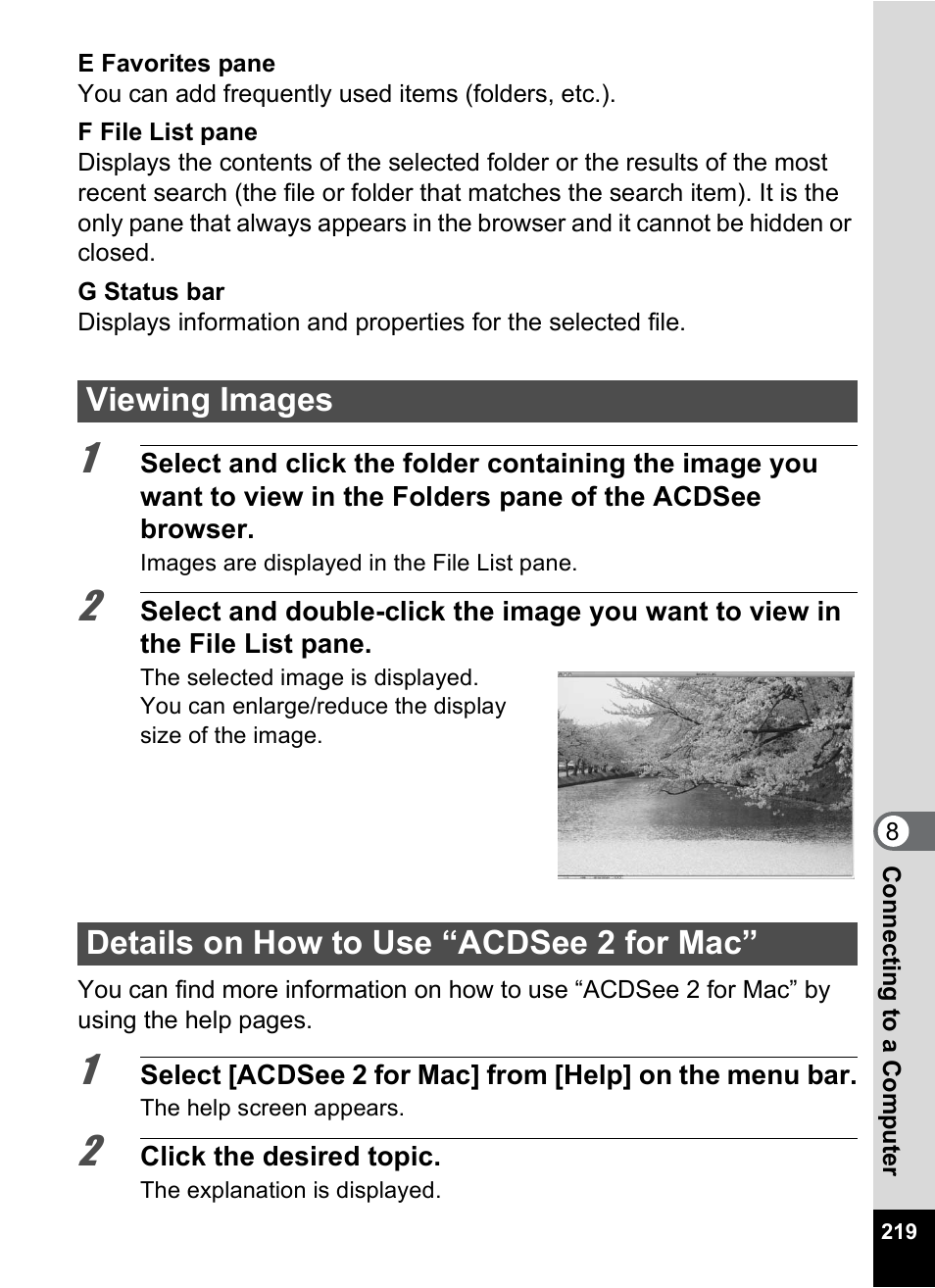 Viewing images, Details on how to use “acdsee 2 for mac | Pentax Optio P70 User Manual | Page 221 / 256