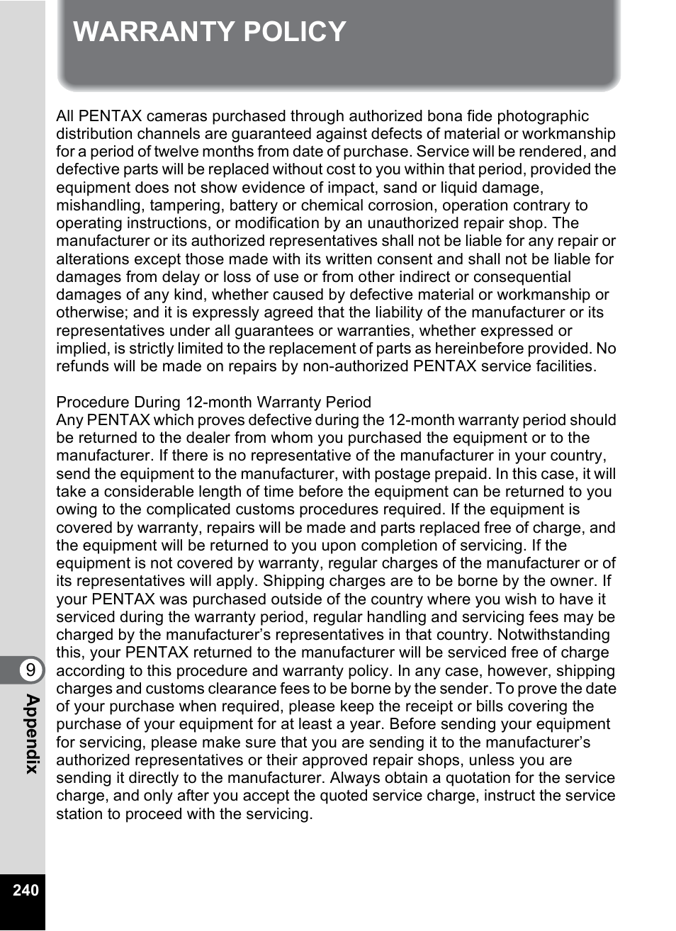 Warranty policy | Pentax Optio P70 User Manual | Page 242 / 256