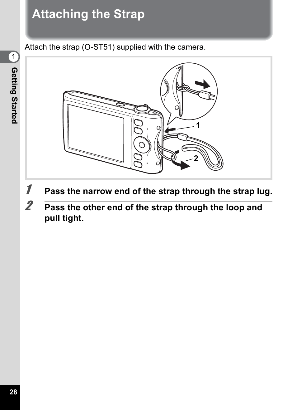 Attaching the strap | Pentax Optio P70 User Manual | Page 30 / 256