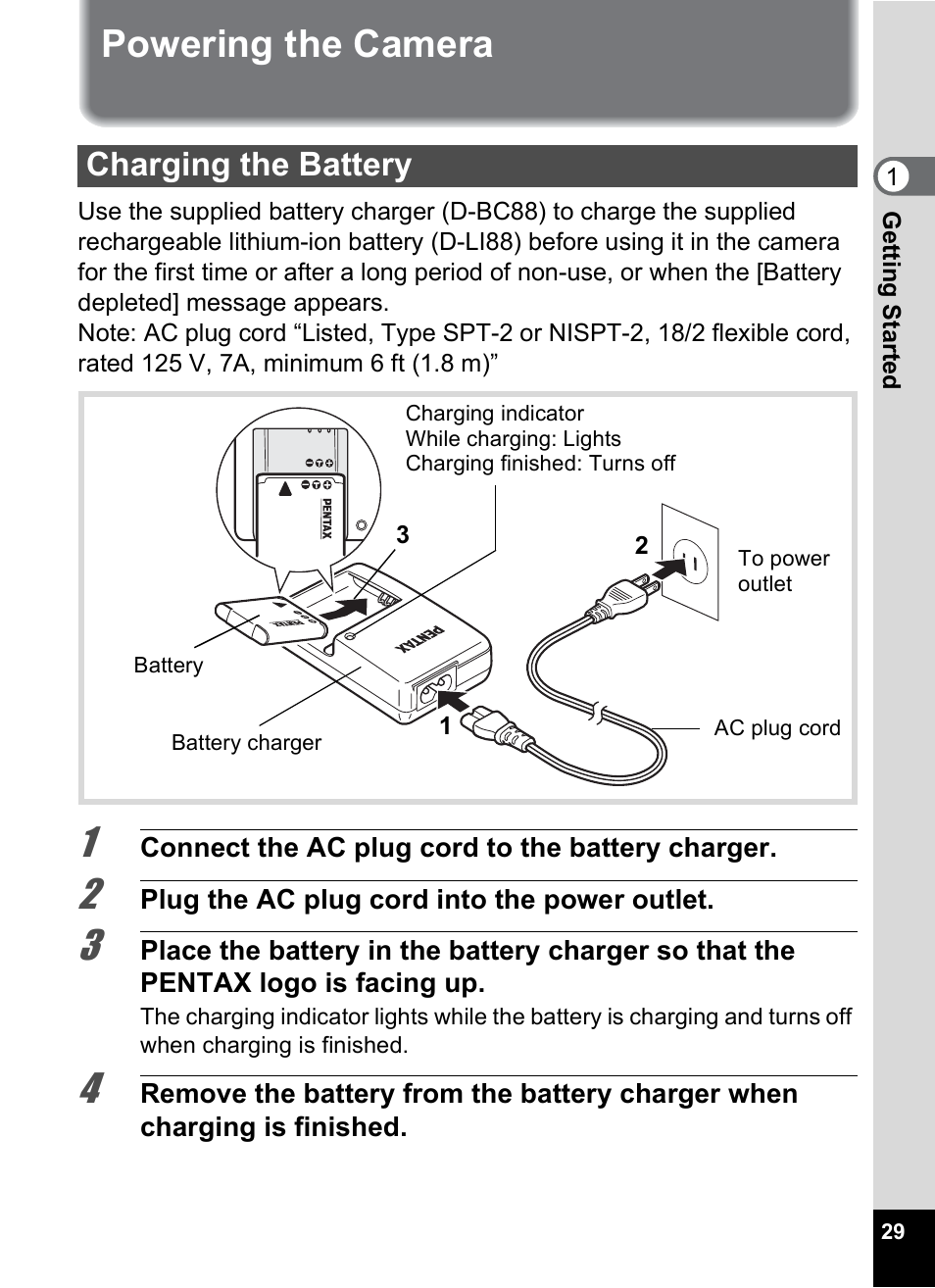 Powering the camera, Charging the battery | Pentax Optio P70 User Manual | Page 31 / 256