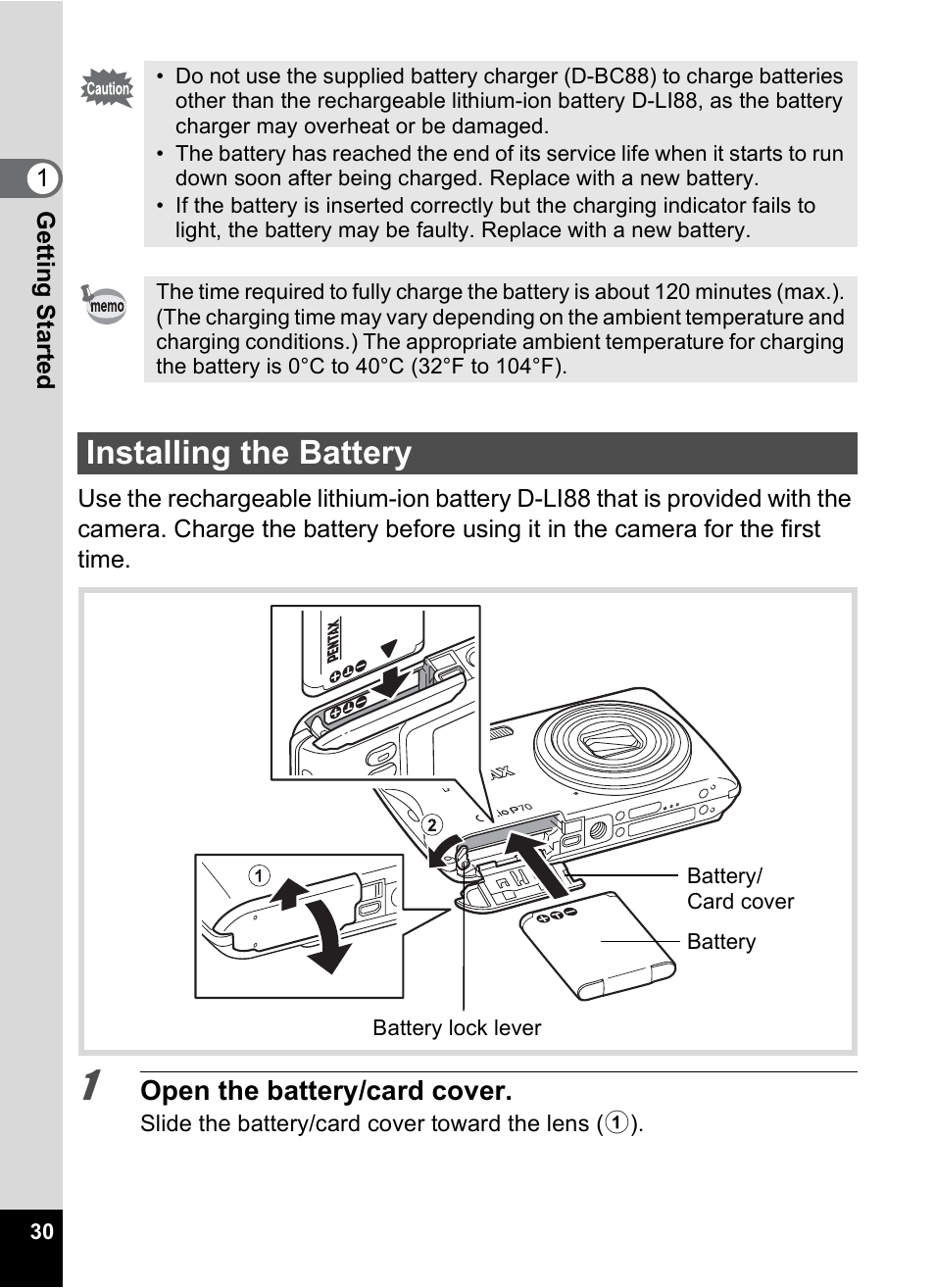 Installing the battery | Pentax Optio P70 User Manual | Page 32 / 256