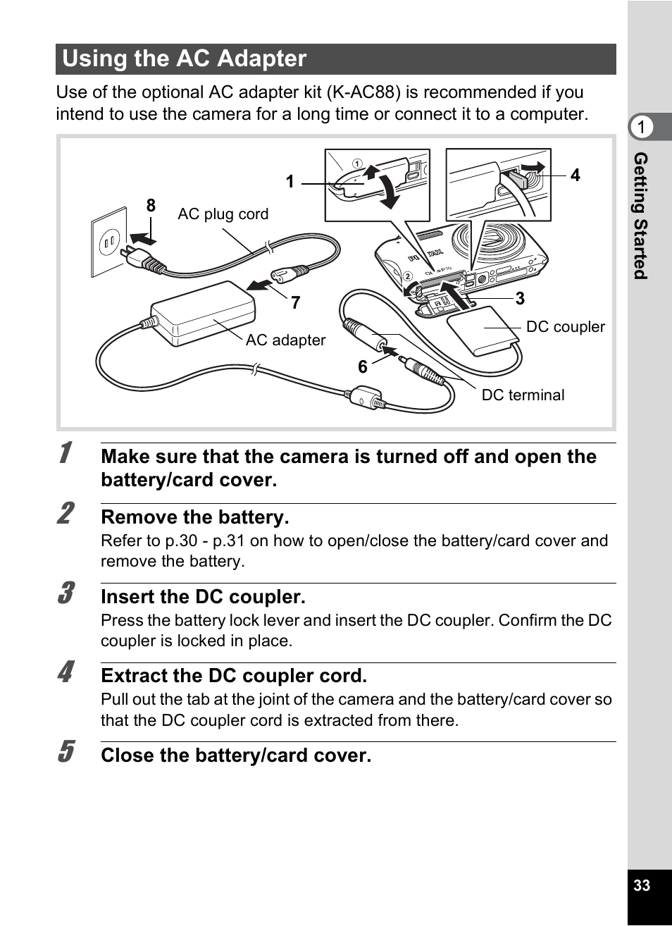 Using the ac adapter | Pentax Optio P70 User Manual | Page 35 / 256