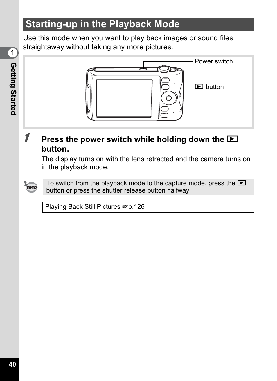 Starting-up in the playback mode | Pentax Optio P70 User Manual | Page 42 / 256