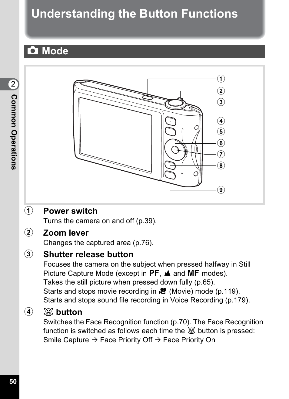 Understanding the button functions, Capture mode, Mode | Amode | Pentax Optio P70 User Manual | Page 52 / 256