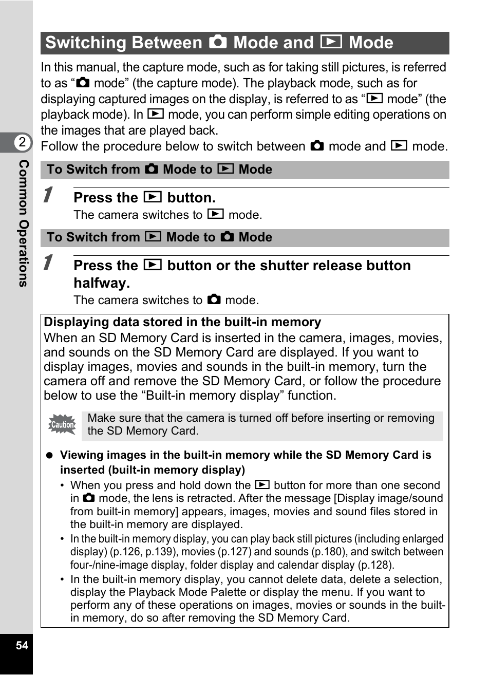 Switching between capture mode and playback mode, Switching between a mode and q mode, P.54) | Pentax Optio P70 User Manual | Page 56 / 256